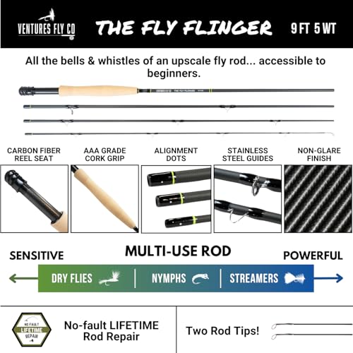 Image of Ventures Fly Co. | Starter Packages | 23 Fly Fishing Accessories Complete Gear Combo | Perfect Beginner Kit | Includes Rod, Reel, Line, Flies, Leader, Tippet, Forceps, Nipper, Floatant & Net