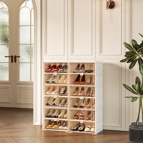 Image of ANTBOX Portable Shoe Rack Organizer for Closet Entryway, Stackable Sneaker Storage Shoe Cabinet with Magnetic Clear Door, Large Plastic Storage containers Bins with Lids 6 Tiers 24 Pairs
