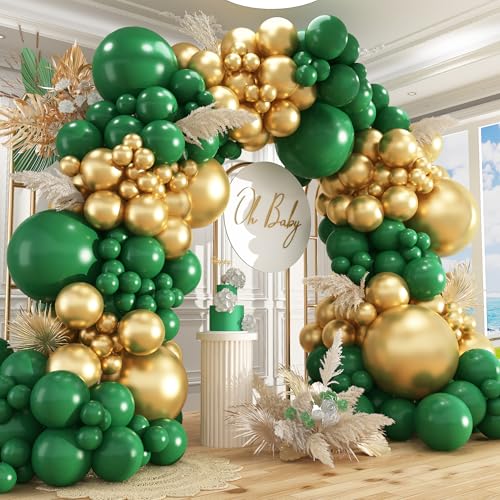 Image of 412Pcs Green and Gold Balloon Arch Kit, 18 12 10 5 Inch Different Size Latex Balloons Dark Green and Gold Party Balloons for Birthday Graduation Jungle Party Decorations