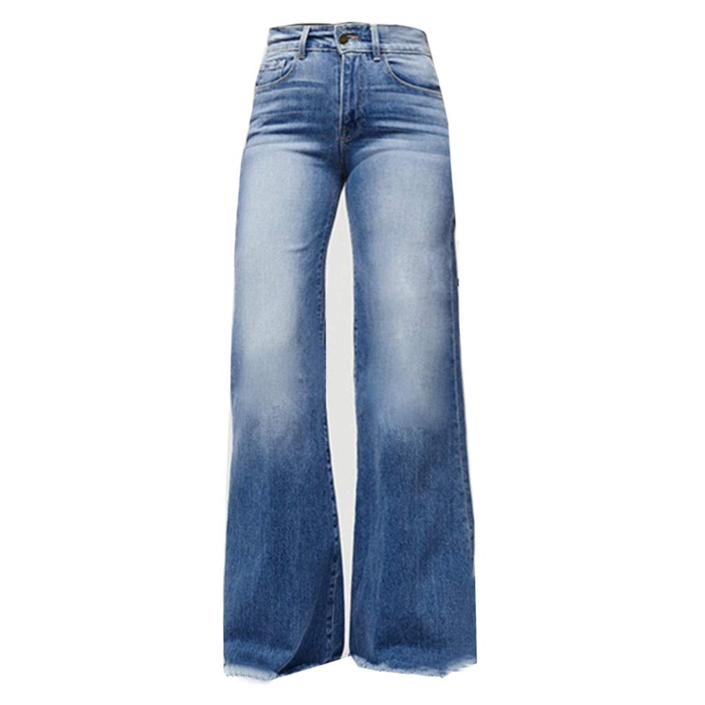 Pantaloni a zampa da donna, a gamba larga, in denim, da donna, a vita alta, con chiusura a strappo, stile casual, largo, in denim