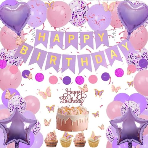Birthday Party Decorations Purple Pink - Happy Birthday Decoration for Girls Includes Happy Birthday Banner, Balloons,Cake Topper and Butterfly Stickers for Girls Her Birthday Party Supplies