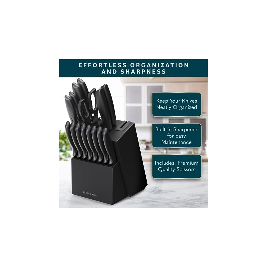 Home Hero Kitchen Knife Set with Sharpener - High Carbon Stainless Steel Knife Block Set with Ergonomic Handles (16 Pcs - Black)
