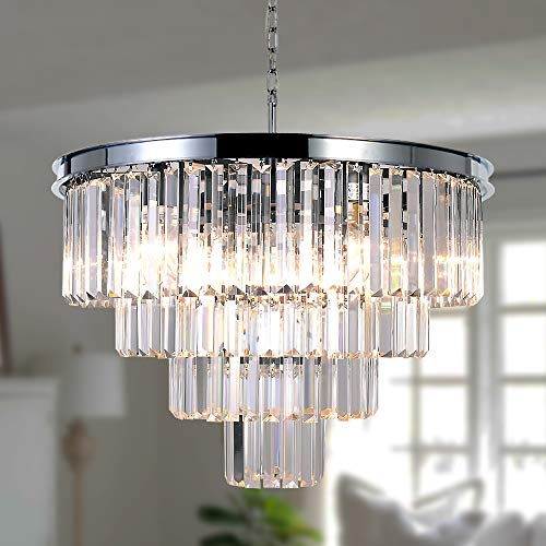 DSRJ HOME Chrome Modern Crystal Chandelier 9 Lights Contemporary Chandeliers Light Fixtures Ceiling Hanging Pendant Lamp for Dining Room Living Room Kitchen Island Foyer W24 Inch