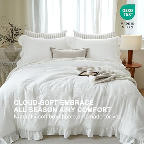 Image of White Ruffle Comforter Set Queen, Pre-Washed Shabby Chic Bedding Set, Lightweight Cottagecore Soft Romantic Cozy 1 Comforter & 2 Shams, All-Season
