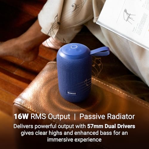 Image of Zebronics Portable Bluetooth Speaker, 16W RMS, Up to 12Hrs Playback, 57mm Dual Drivers, Passive Radiator, TWS, BT v5.4, USB, mSD, AUX, Splash Proof, Type-C Charging (Music Bomb i10, Blue)