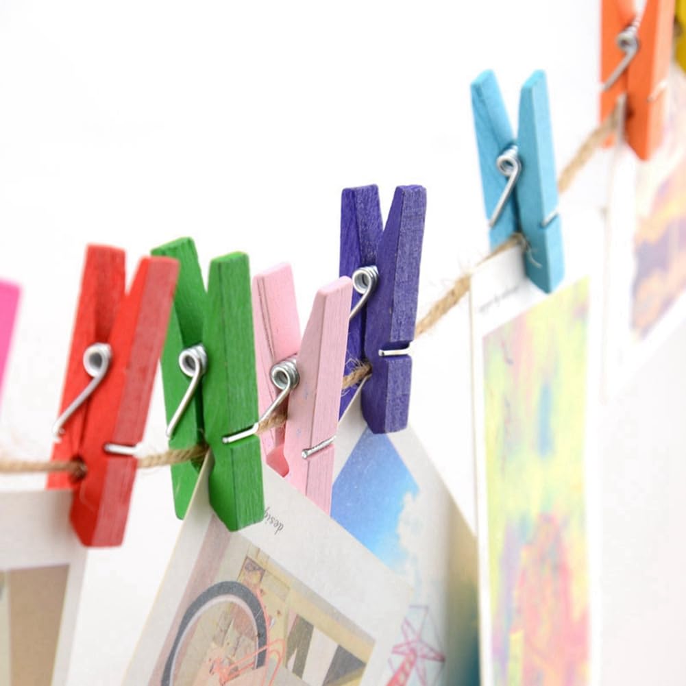 50 stuks houten mini-wasknijpers, houten knijpers, sierklemmen met 10 m natuurlijk jute koord, decoratieve pennen voor bruiloftsfeest, fotohouderkaart, decoratie en knutselen