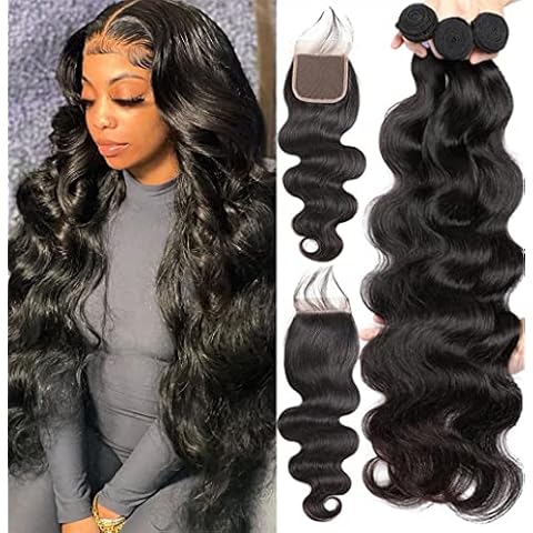 Brazilian Human Hair 3 Bundles with Closure（20 22 24+18）Body Wave 100% Unprocessed Virgin Hair Bundles with 4x4 Lace Closure Free Part Natural Black Color Cover