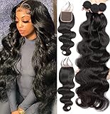 Brazilian Human Hair 3 Bundles with Closure（20 22 24+18）Body Wave 100% Unprocessed Virgin Hair Bundles with 4x4 Lace Closure Free Part Natural Black Color