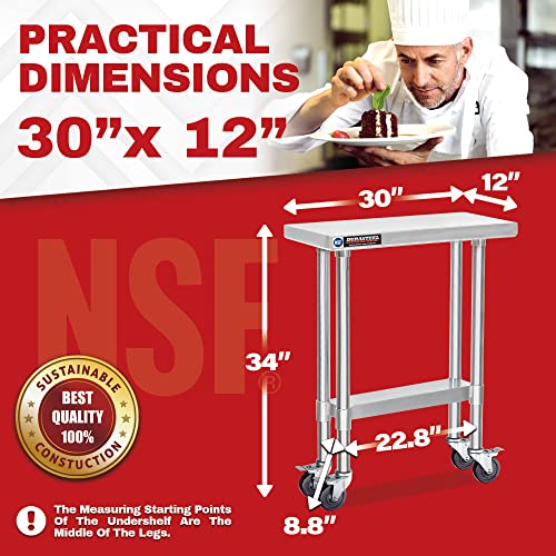 Image of DuraSteel 30x12 NSF Stainless Steel Cart - Heavy Duty Rolling Food Prep Table with Undershelf - Metal Utility Cart for Commercial Restaurant Kitchen, Laundry, Side Mixer Stand