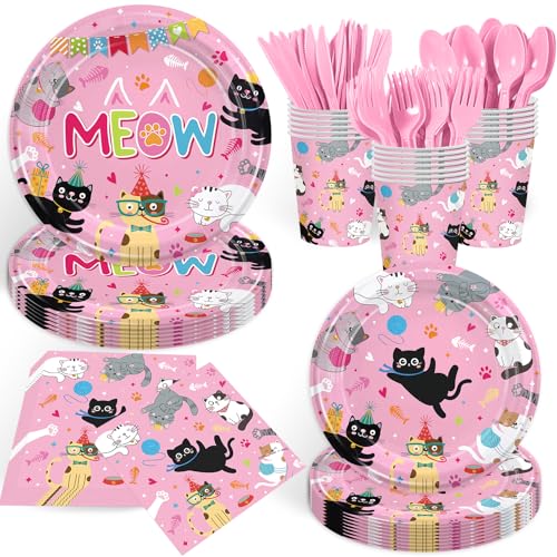168PCS Cat Party Supplies Carts Themed Birthday Party Decorations Cute Meow Paper Plates Cups Napkins Forks Knives Spoons Tableware for BBQ Picnic Serves 24 Guests