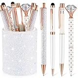 Sabary 8 Pcs White Pens with Pen Holder for Desk Glitter Crystal Diamond Cute Ballpoint Fancy Pencil Holder Bling Desk Organizer for Women Girls Gifts School Office Wedding Supplies