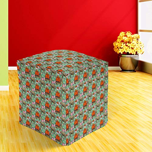 Image of ArtzFolio Indian Elephants Puffy Pouffe Ottoman Footstool Footrest | Canvas Fabric Cube-Shaped; 16 x 16 x 16 inch; Prefilled Foam