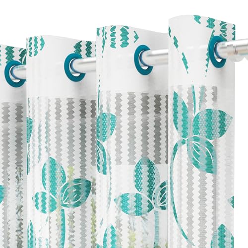 Image of Window Curtains 5 Feet Long Set of 1 | Leaf Design | Polyester | Light Filtering Curtains | Curtains for Living Room | 118 x 152 cm, Teal & White Color | Perfect for Home Decor