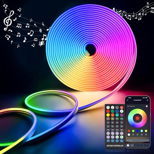 Neon Led Strip 5M RGBIC, LED Streifen Regenbogeneffekt mit APP Fernbedienung, IP65 Outdoor Wasserdichte Flexible LeD Leiste 24V Band Lichtschlauch Musik Sync DIY für Zimmer Raum Wand Gaming Deko