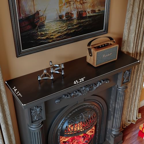 Image of 45 Inch Electric Fireplace with Mantel, Solid Wood Fireplace TV Stand, Roman Column Fireplace Entertainment Center, Electric Fireplace Heater with Black Birdcage Insert for Living Room, Black