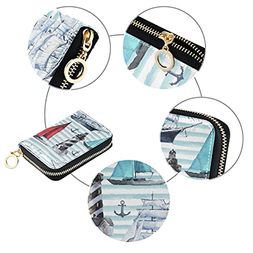 Boats Ships Vessels Nautical Acnhors Light House Credit Card Coin wallet, RFID Blocking Compact Women Leather Card Holder, Key Change Organizer, Zipper Purse Clutch Pouch Pocket3