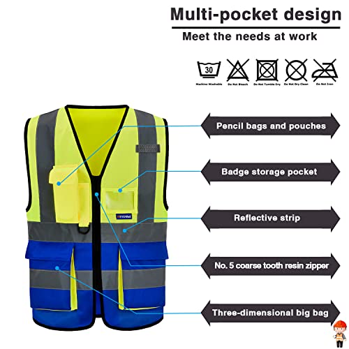 Image of yellow blue construction vest | Yellow /Blue XL safety vest with 7 pockets, reinforced pockets and front zipper for equipment teams and mechanical work.
