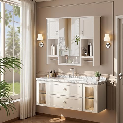 VECELO Large Bathroom Wall Cabinet with Mirror, Wall Mounted Medicine Cabinet with Open Shelves, 2 Towel Bars for Laundry Room Kitchen, 35 x 7 x 29 Inches, White by VECELO - Used condition - Image 3