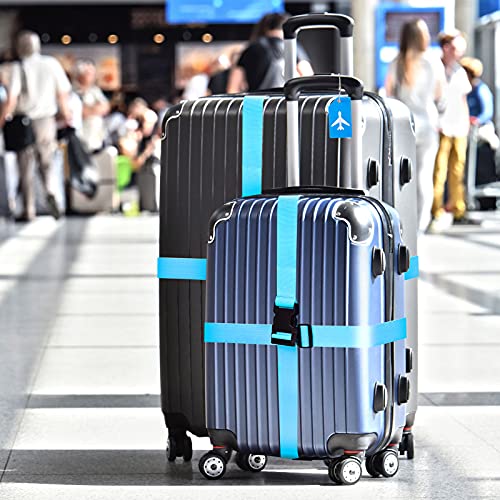 Image of Weewooday 8 Pcs Luggage Straps Suitcase Tags Set for TSA Approved, 4 Travel Adjustable Suitcase Belt, 4 Silicone Luggage Tags with Name ID Card Travel Accessories(Blue,Airplane)