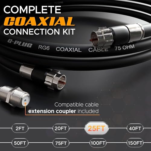 Image of G-PLUG 25FT RG6 Coaxial Cable Connectors Set - High-Speed Internet, Broadband and Digital TV Aerial, Satellite Sky Cable Extension- Weather-Sealed Double Rubber O-Ring and Compression Connectors Black