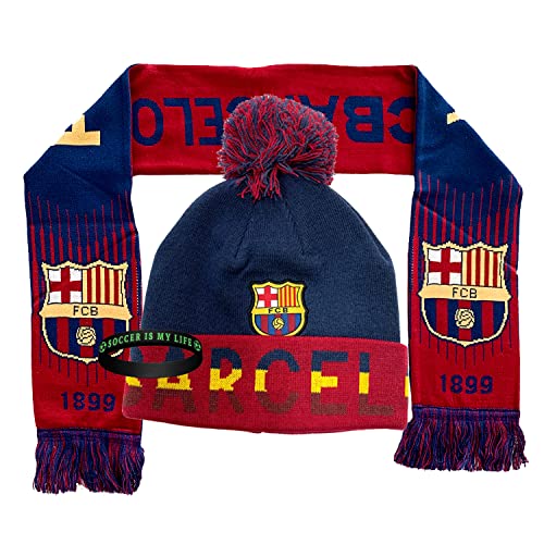FC. Barcelona Gift Set Beanie Skull Cap Hat and Scarf Reversible + Silicone Soccer Quote Set 3 Pcs FC2
