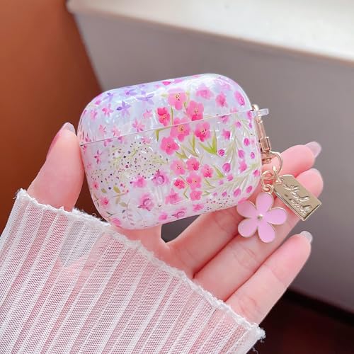 Image of MINSCOSE for Cute Glitter AirPods Pro 3 Clear Case,Shell Pattern Cartoon Flower Aesthetic Design with Floral Keychain,Soft TPU Protective Cover with Cleaner Kit for Women Girls-Pink