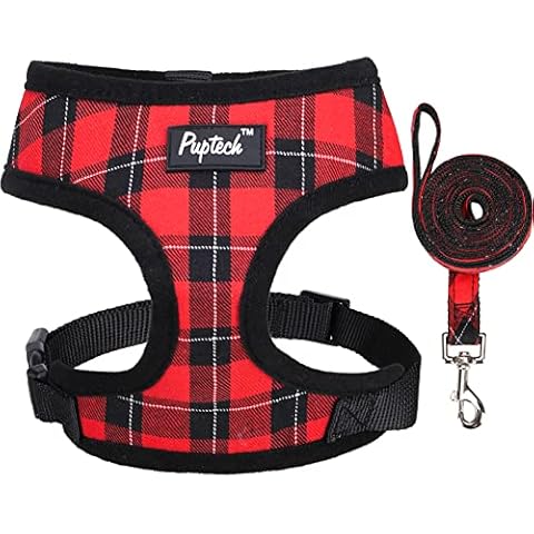 PUPTECK Soft Mesh Dog Harness with Leash - Plaid Adjustable Puppy No Pull Harnesses - Pet Padded Walking Vest for Small Medium Large Doggies Puppy Walking Outside Training Cover