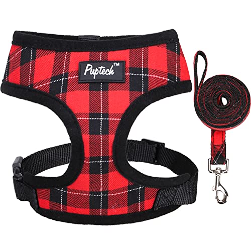 PUPTECK Dog Harness and Leash Set for Small Medium Dogs No Pull, Soft Mesh Adjustable Puppy Cat Harness Reflective at Night, Plaid Red, S