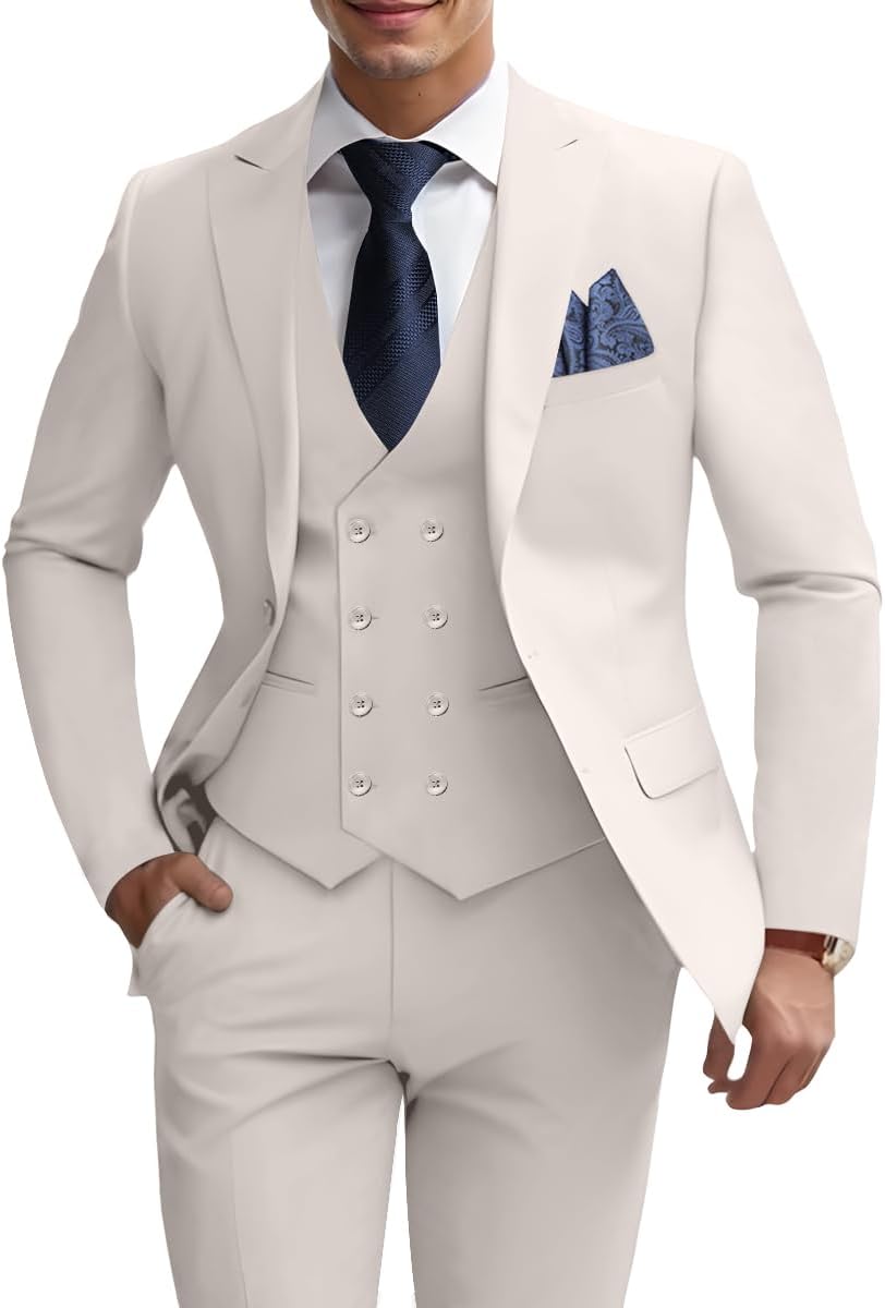 Mens 3 Piece Slim Fit Suit Set, Double Breasted Blazer Vest Pants Business Tuxedo Dress