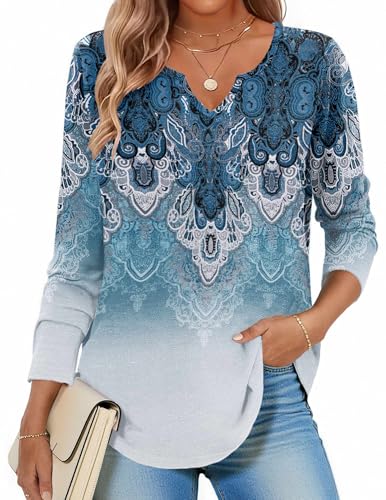 Image of Zeagoo Long Sleeve Shirts for Women Fall Tops Casual Dressy V Neck Blouses Boho Tunic Western Clothes Vacation Outfits