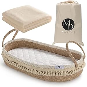 Maidek Baby Changing Basket – Handmade Woven Cotton Rope Moses Basket – Changing Table Topper with Mattress Pad…