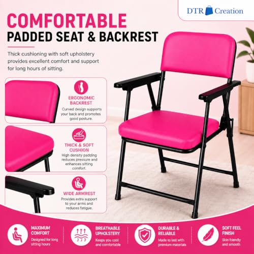 Image of Foldable Cushioned Chair with Armrests | Heavy Duty Metal Frame | Soft Padded Seat & Backrest | Space Saving Folding Chair for Home, Office, Study & Guest Seating | Pink