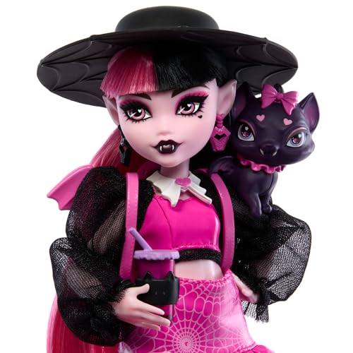 Image of Monster High Draculaura Doll with Pet Bat-Cat Count Fabulous and Accessories Like Backpack, Spell Book, Bento Box and More