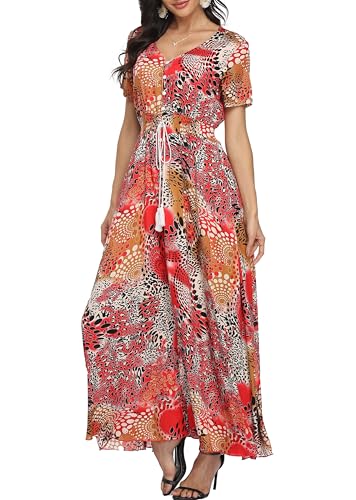 Image of VintageClothing Women's Floral Maxi Dresses Boho Button Up Split Summer Casual Long Dress Beach Party Dress
