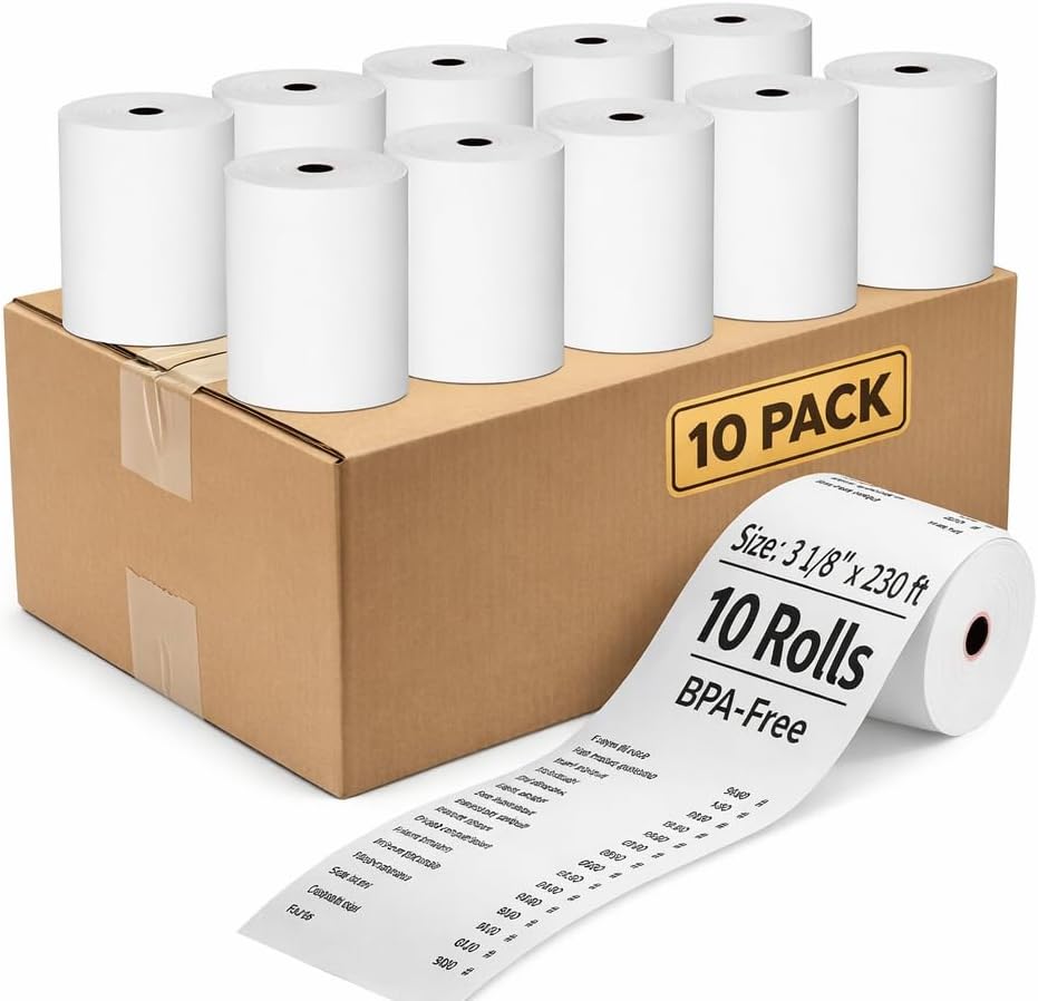 Thermal Receipt Paper Rolls 3 1/8” x 230 ft – 10 Pack BPA-Free – 80mm POS Printer Paper – Clear Print, Long Lasting, Bulk Value
