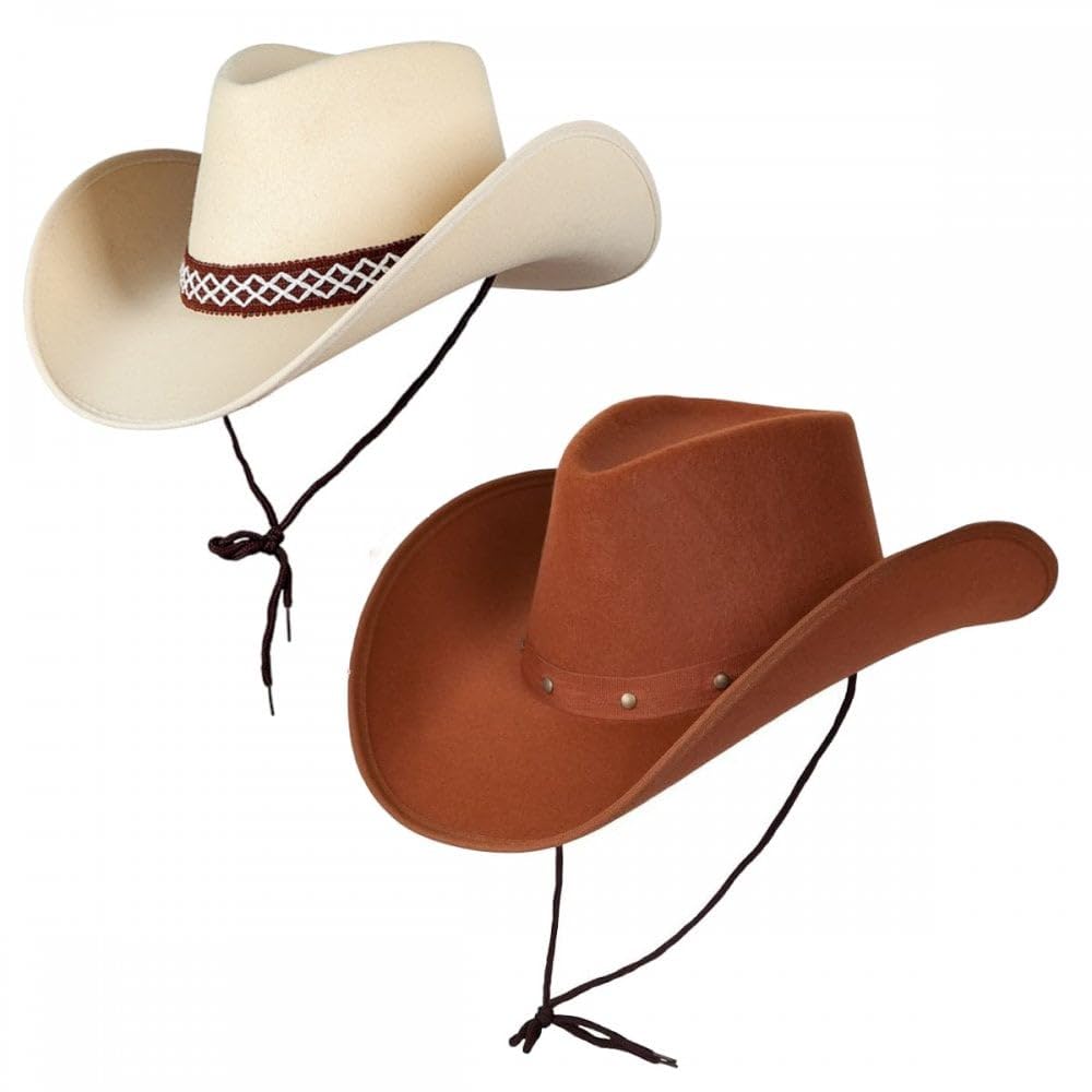 Titch & Timbo Adult Texan Cowboy Hat 2 Pack (Multiple Options) : Fancy Dress Party Accessory Country Western Rancher Wild West Music Festival (Classic Texan, Brown,Sand)