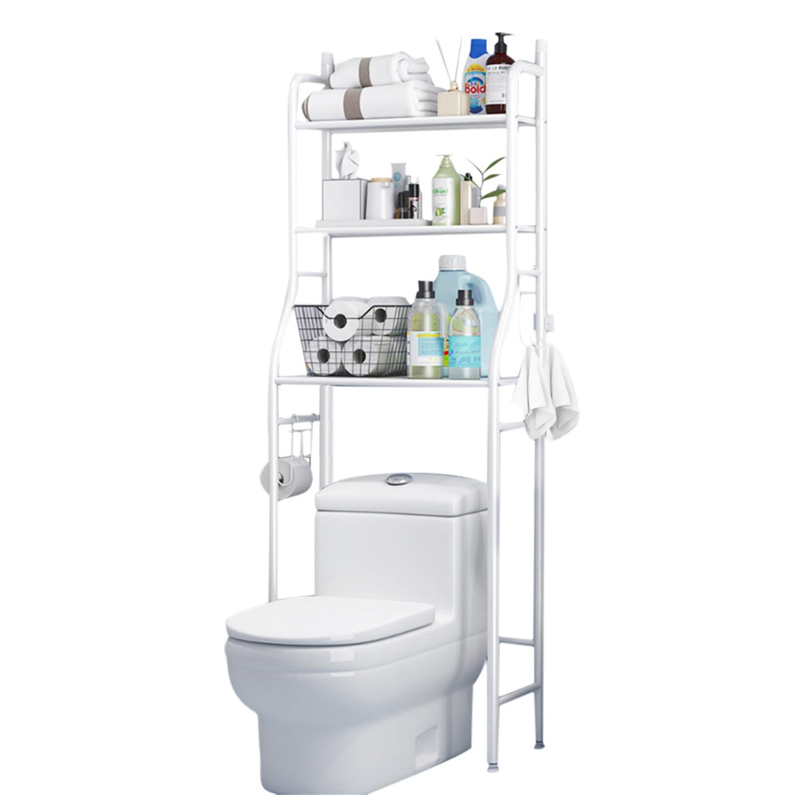 3 Tiers Over Toilet Storage Rack with Removable 2 Hooks Drum Washing Machine Storage Freestanding Laundry Shelf Organizer Multipurpose Metal Bathroom Organizer Rack, White