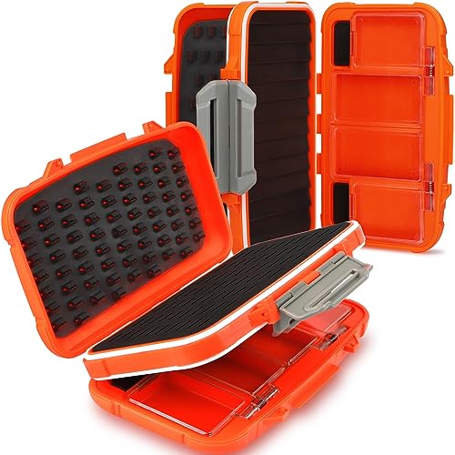 Dovesun Fly Fishing Boxes, Small Tackle Box Handheld Fly Box Four Side Waterproof Fishing Lure Box 7.1"X 4.3"X 2.1" Kayak Tackle Box Organizer Orange 1pcs