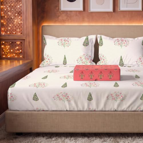 Image of Urban Space Festive Gifting Set- 100% Cotton Bedsheet for Double Bed, Floral Bed Sheet with 2 Pillow Covers Gift Set in Gift Box, 88 x 100 Inches, Kings Bloom I | Diwali, Festive & Housewarming Gift