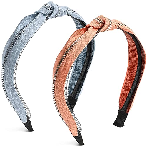 Top Knot Fashion Headbands, Zipper Design (Blue and Peach, 2 Pack)