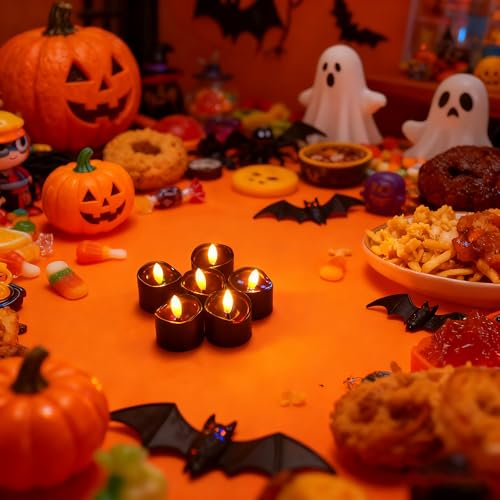 Image of CANDLE CHOICE Battery Operated Flameless Tea Lights Realistic Black Wick Bright Flickering LED Tealight Votive Candles Wedding Party Table Halloween Christmas Decorations Batteries Incl. 6 Pack Black