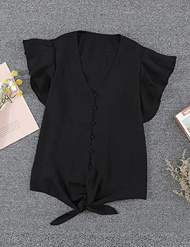 Roskiky-Damen-Bluse-Chiffon-Elegant-V-Ausschnitt-Bell-Sleeve-Fledermausaermel-Oberteile-Hemd-Loose-Tops-mit-3-4-Arm