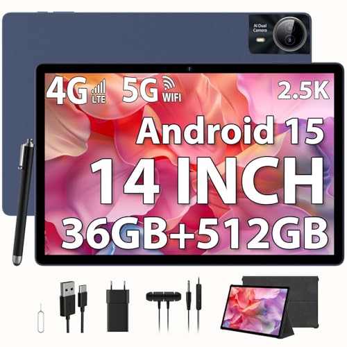 PIXGOOD 2.5K Android 15 Tableta 14 Pulgadas, 36GB RAM, 512GB ROM (Extensión 2TB), 4G Lte/5G WiFi, INCELL 2240x1400, 11580mAh, Octa-Core, 13MP+8MP, Tablet con Custodia/Auricular/GPS/Bluet 5.0(Azul)