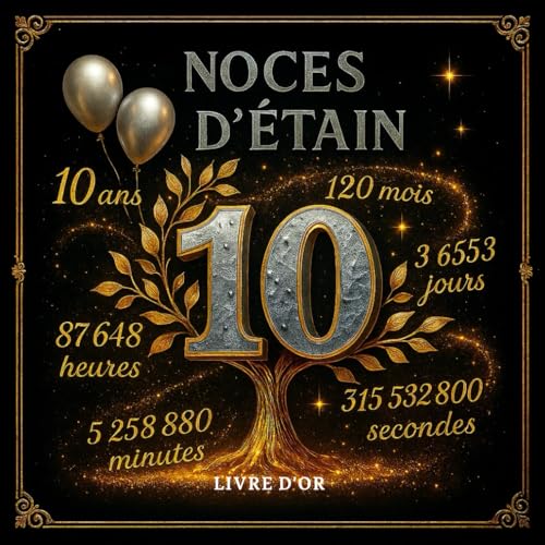 Livre d’Or Noces d’Étain – Anniversaire de Mariage 10 Ans | Thème Étain Élégant avec Arbre Doré et â€¦ – Produktbild (Amazon)