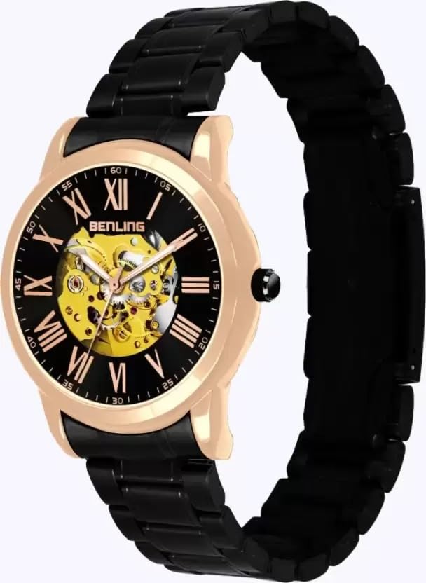 Image of Benling Skeleton Analog Automatic Watch for Men, Mechanical Movement, Leather Strap, Formal Casual Party Official Purpose