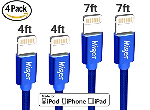 miger 4 unidades (ft/FT/152/152) Cable Lightning nailon trenzado Cable de sincronización para iPhone 7/7 Plus/se/6/6 Plus/6S/6S +/5S/5/5 C, iPod, iPad Mini/Air/Pro y más