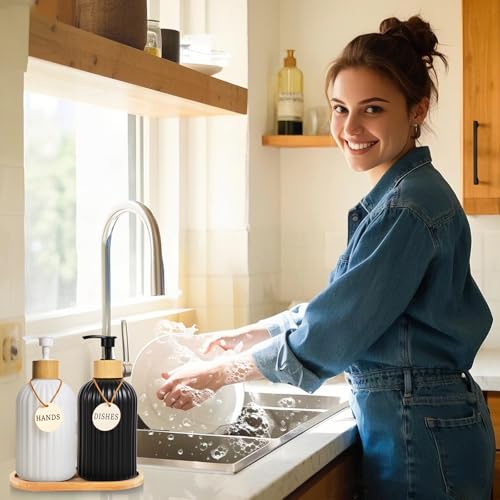 Image of 2 Pack ViserVita Glass Hand Soap Dispenser Set with Bamboo Pump, Elegant Refillable Liquid Dish Soap Dispenser with Tray, Perfect for Kitchen Sink and Bathroom Decor
