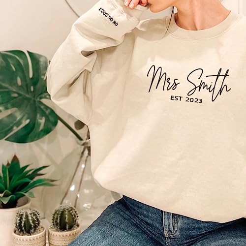 GodLover Custom Embroidered Mrs Sweatshirt, Future Mrs Hoodie, Bride Sweatshirt - Custom Last Name & Date On Sleeve - Engagement Gift, Bachelorette Party Gift4