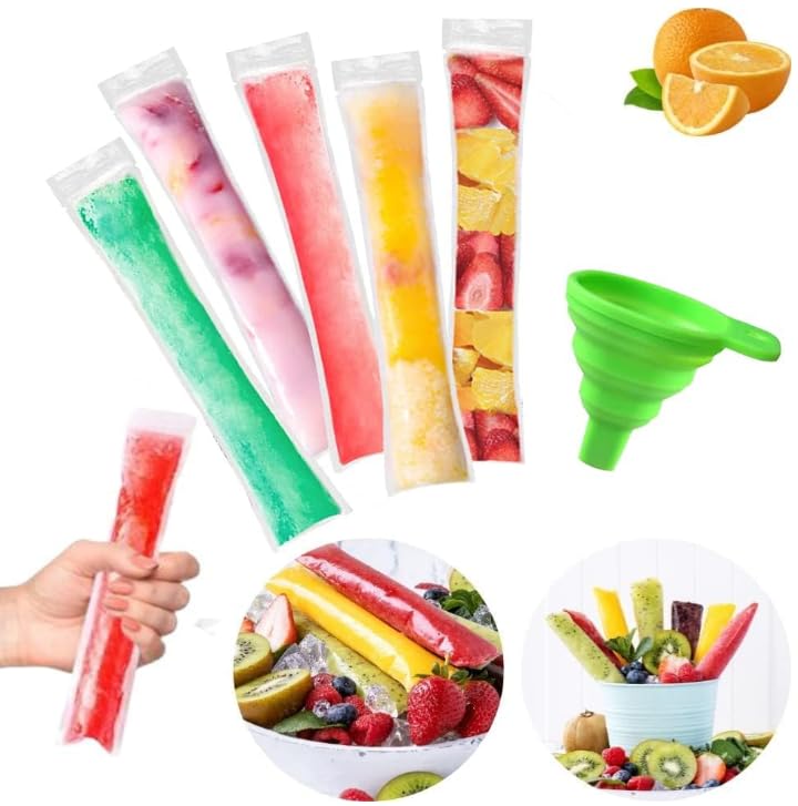 Bolsas para Helados, 200 Bolsas para Moldes de Helado, Bolsas Desechables para Paletas Hielo, Bolsas de Molde para Paletas Hielo, Bolsas de Popsicle con Embudo para Yogur, Helado, Jugo