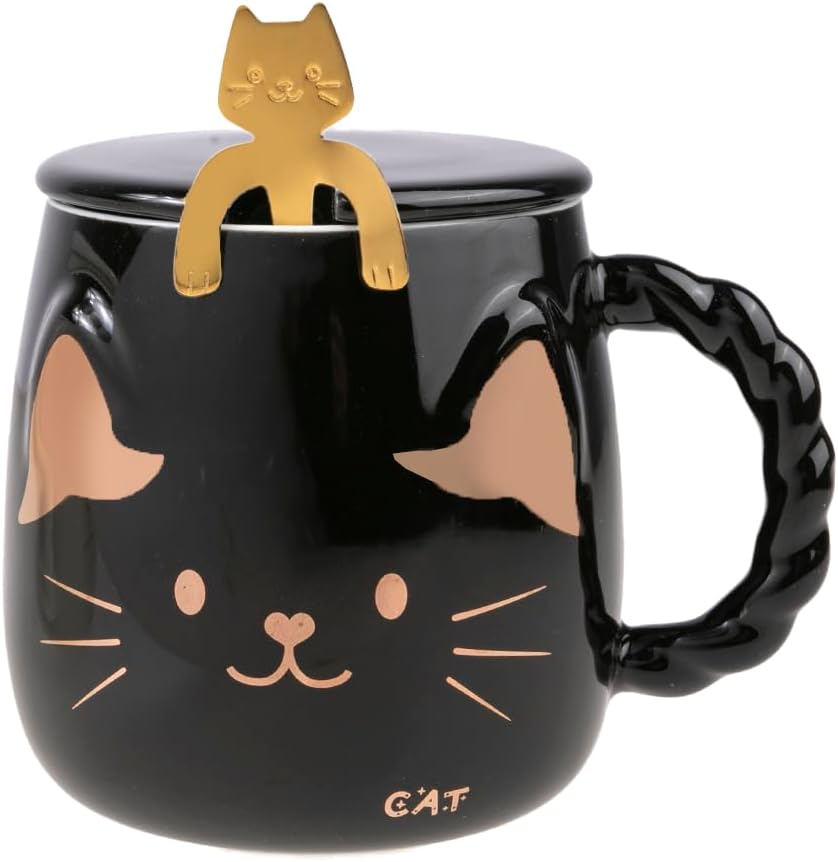 Japanese Cat Porcelain Mug - With Lid & Spoon - 15oz - Breakfast & Relaxation Break - Coffee, Tea, Hot Chocolate - Gift Idea Asia, China, Japan - Black